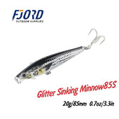 FJORD Glitter Skęstantis Minnow 85mm 20g Kietas žvejybos masalas 3X Kabliukai Plokščiu korpusu Dirbtiniai žūklės reikmenys