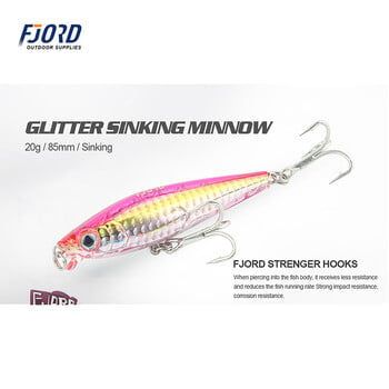 FJORD Glitter Sinking Minnow 85mm 20g Твърда риболовна примамка 3X куки Плоско тяло Изкуствена перка Риболовни принадлежности