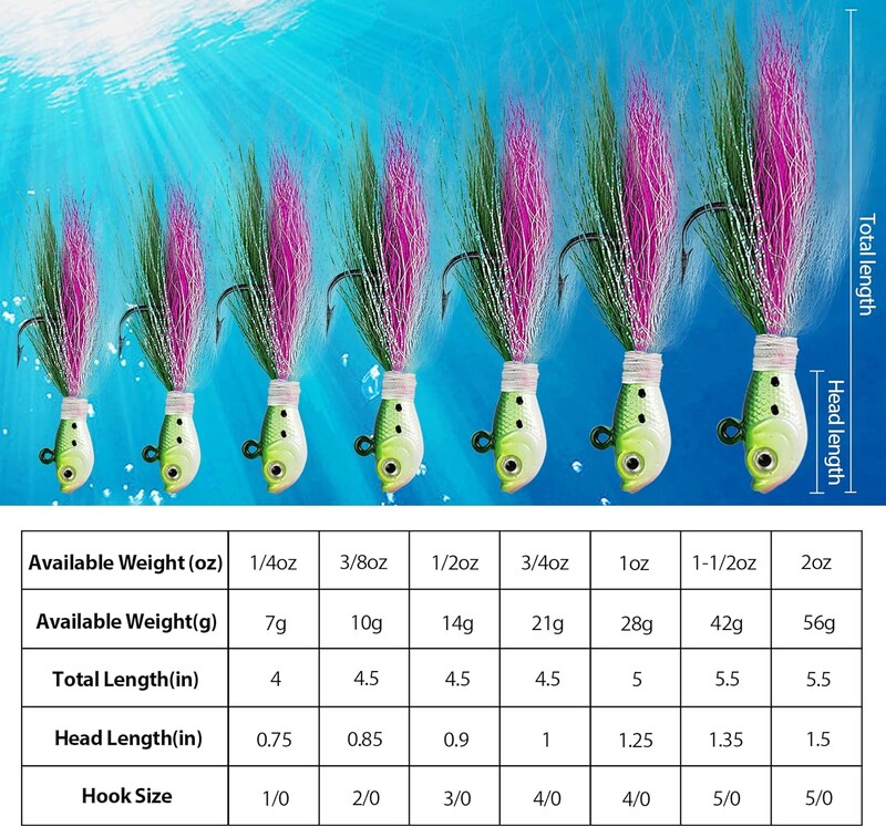 Eupheng UV Bucktail Jig Glow in Dark Bucktail Fishing Jig Head Hair Jigs 7g-56g Bass friss és sósvízi horgásztartozékokhoz
