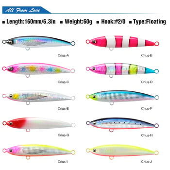 TSURINOYA 160mm 60g Topwater Pencil CRIUS 160F Изкуствена твърда примамка за риболов на лодка за тон GT тролинг воблер Голяма примамка за риболов