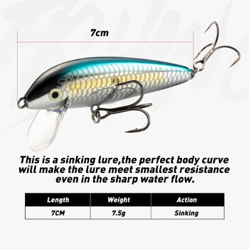 JOHNCOO Sinking Minnow Fishing Lure 7cm 7,5g Artificial Trout Lure Stream Lake Jerkbait Rockfishing Hard Baits