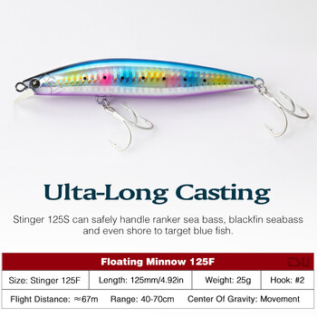 TSURINOYA Strong STINGER 125F Ultra Long Casting Floating Minnow 125mm 25g Високоякостни изкуствени твърди примамки за соленоводен лаврак