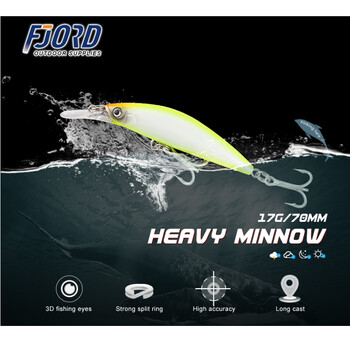 FJORD 70 mm 17 g Heavy Sinking Minnow 11 цвята за избор на лазерна твърда изкуствена стръв, пластмасова професионална примамка за риболов в морска вода