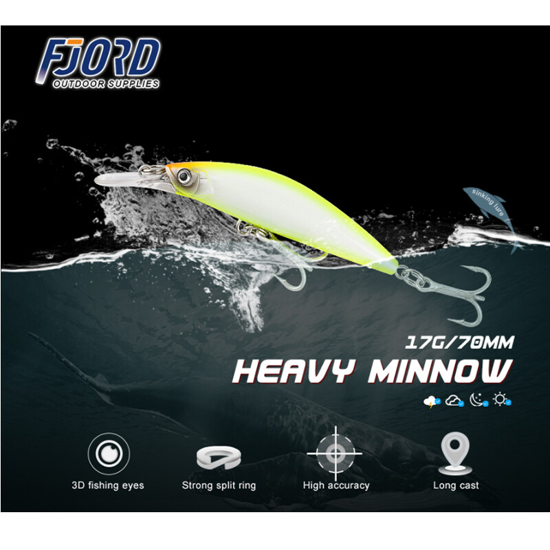 FJORD 70mm 17g Sunkiai skęstantis Minnow 11color, skirtas Select Lazerinis kietas dirbtinis masalas Plastikinis Profesionalus jūros vandens žvejybos masalas