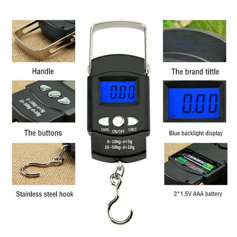 Nešiojamos skaitmeninės svarstyklės, LCD ekranas, kelioninis rankinis svėrimas, pakabinamos svarstyklės žvejybos reikmenims Elektroninis svarstyklės
