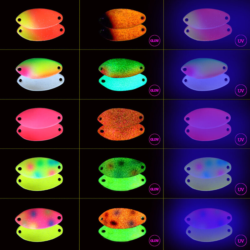Új UV Glow dupla festett kanalas horgászcsalik pisztrángcsali sügér csali mesterséges csali