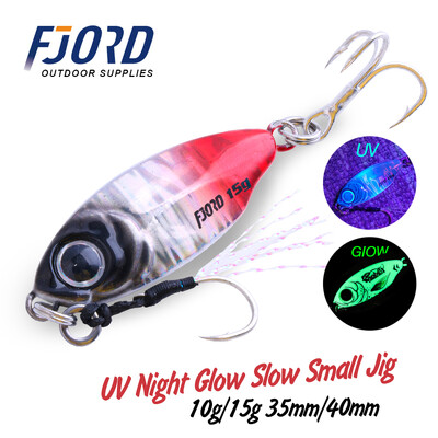 FJORD 10g 15g Jig Hard Lanre Micro Sea Aeglaselt uppuv Shore Casting Metallist Jig UV Night Glow Bait Lamestav kalapüügi tarvikud