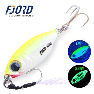 FJORD 10g 15g Jig Hard Lure Micro Sea Slow Slow Shore Casting Metal Jig UV Night Glow Csali lapító horgásztartozékok