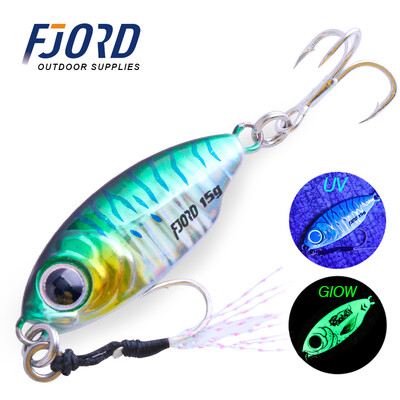 FJORD 10g 15g Jig Hard Lure Micro Sea Slow Slow Shore Casting Metal Jig UV Night Glow Csali lapító horgásztartozékok