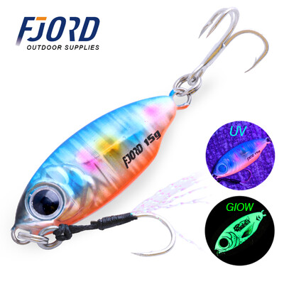 FJORD 10g 15g Jig Hard Lure Micro Sea Slow Slow Shore Casting Metal Jig UV Night Glow Csali lapító horgásztartozékok