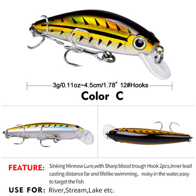 Sea.YoLo Minnow skęstantis žvejybos masalas sūraus vandens gėlo vandens Japonijoje dirbtinis masalas 3D Bionic Eye3G 4,5 cm, skirtas ešerių žvejybos priedui