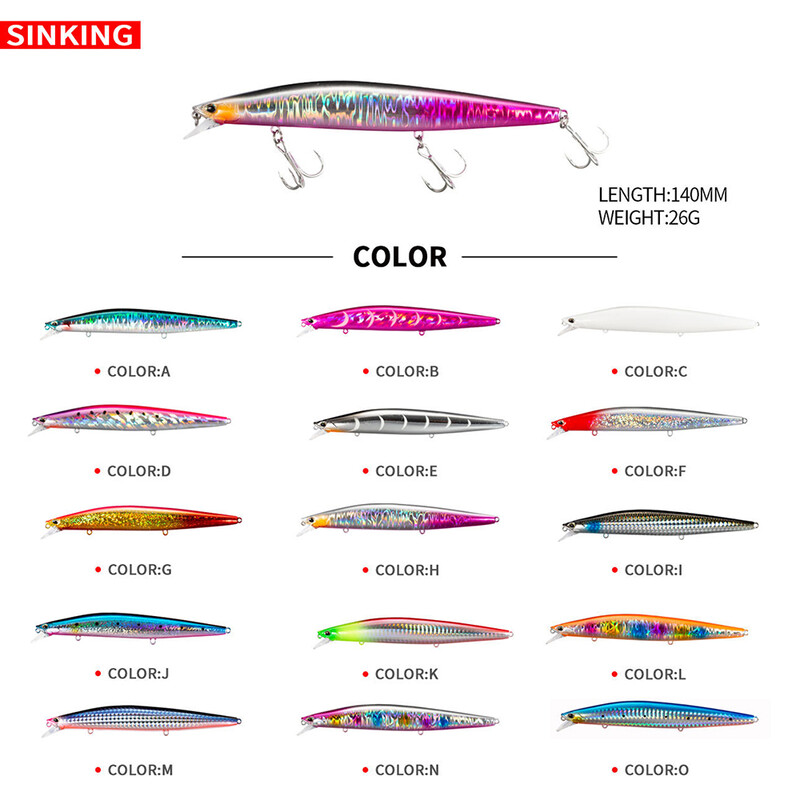 14cm 26g makšķerēšanas māneklis Minnow voblera māneklis Long Cast grimstošs Jerkbait Swimbait mākslīgā cietā ēsma okeāna zvejas māneklis Bass ēsma