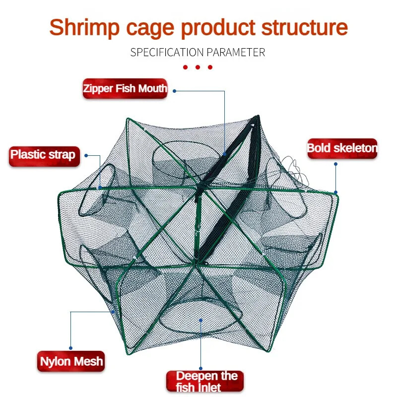 Žvejybos tinklelis, sulankstytas šešiakampis aštuonkampis, 8 skylučių rankinis žvejybos tinklas, liejimo tinklai Vėžių krevečių gaudyklė, gaudyklės narvelis