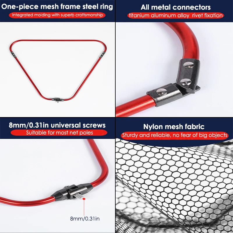 1 komplekts, salokāmi rokas tīkla galvas piederumi, ieskaitot melnu gumijotu neilona sietu un sarkanu alumīnija sakausējuma tīkla galvas rāmi