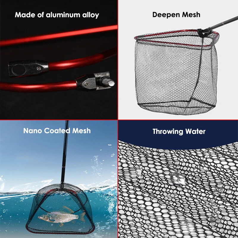 1 komplekts, salokāmi rokas tīkla galvas piederumi, ieskaitot melnu gumijotu neilona sietu un sarkanu alumīnija sakausējuma tīkla galvas rāmi