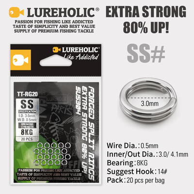 LUREHOLIC Inele despicate din oțel inoxidabil 304 de pescuit forjate de înaltă calitate 80% întărire cerc dublu 20 buc. per sac