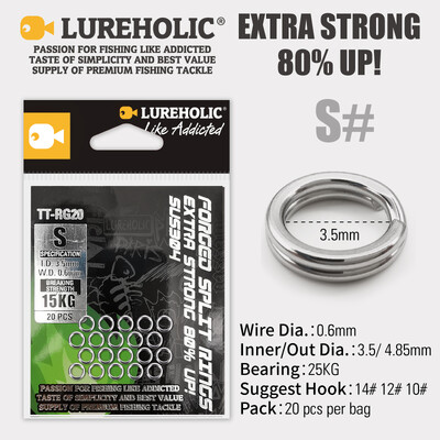 LUREHOLIC Inele despicate din oțel inoxidabil 304 de pescuit forjate de înaltă calitate 80% întărire cerc dublu 20 buc. per sac