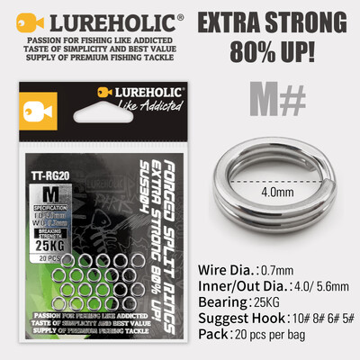 LUREHOLIC Inele despicate din oțel inoxidabil 304 de pescuit forjate de înaltă calitate 80% întărire cerc dublu 20 buc. per sac