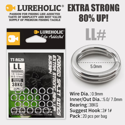 LUREHOLIC Inele despicate din oțel inoxidabil 304 de pescuit forjate de înaltă calitate 80% întărire cerc dublu 20 buc. per sac