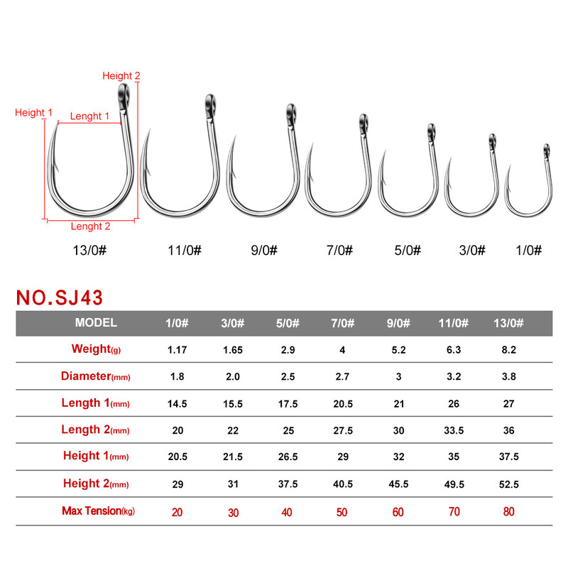 Jūros vandens apsauga nuo korozijos Žvejybos kabliukas Dydis 1/0-13/0# Žiedinė akis Japan Fishhooks Žvejybos kabliukai Single Jig Žuvies kabliuko reikmenys