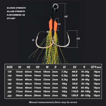 TOLU 10Pcs Metal Jig Tail Assist Hooks 13-22# With PE Line Feather Solid Ring Jigging uv Fishhook for 10-120g Lure Fishing Hooks