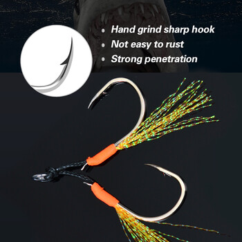 TOLU 10Pcs Metal Jig Tail Assist Hooks 13-22# With PE Line Feather Solid Ring Jigging uv Fishhook for 10-120g Lure Fishing Hooks