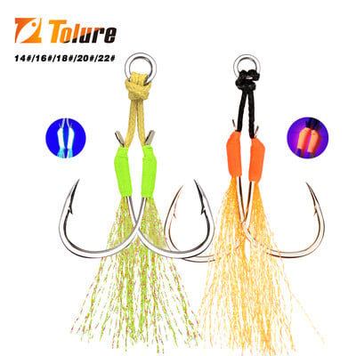 TOLU 10 tk metallist Jig Tail Assist konksud 13-22# PE liiniga sulgedega tahke rõngaga jigging UV kalakonks 10-120g landipüügi konksudele