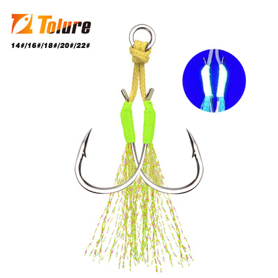 TOLU 10kom Metalne pomoćne udice za džig rep 13-22# s PE linijom od perja, čvrstim prstenom, UV udica za vabljenje za 10-120 g udica za ribolov
