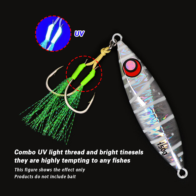 TOLU 10kom Metalne pomoćne udice za džig rep 13-22# s PE linijom od perja, čvrstim prstenom, UV udica za vabljenje za 10-120 g udica za ribolov