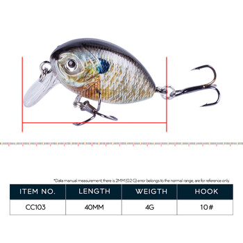 Мини Crank Bait 40mm 4g плаващ микро воблер Crankbait Шумни риболовни примамки за сладководни твърди изкуствени приспособления Minnow Bass