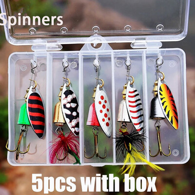 5db Fishing Lure Spinner csali, Bass Trout Salmon Hard Metal Spinner Baits Kit felszerelés dobozokkal