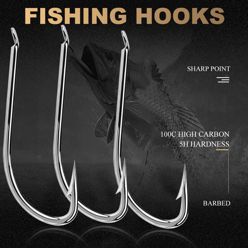 FTK 100db/ Dobozos Hosszúszárú horgászhorog 1#-12# Fish Hooks High Carbon Acél éles szögesszögű csali horog Pisztráng basszus horgász horgok