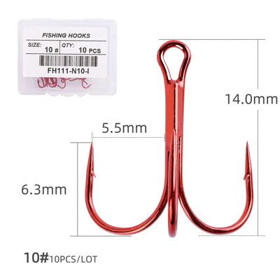 Tenger. Yolo 10 db horgász horgok 1#-12# piros szögesszögű hármas FISHHOOK Overstriking horgászfelszerelés magas szénacél háromszögű horgok