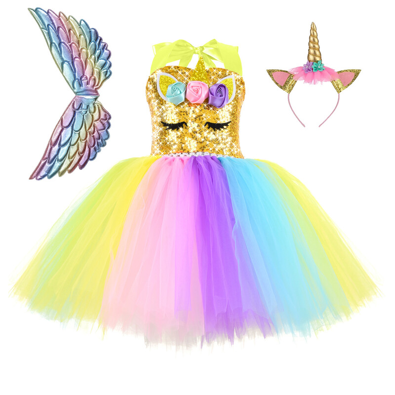 Lányok jelmez Unikornis ruha Születésnapi parti jelmez Hálós gyerekruha Bolyhos fonal Keresztezett szoknya