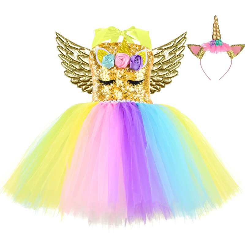 Lányok jelmez Unikornis ruha Születésnapi parti jelmez Hálós gyerekruha Bolyhos fonal Keresztezett szoknya