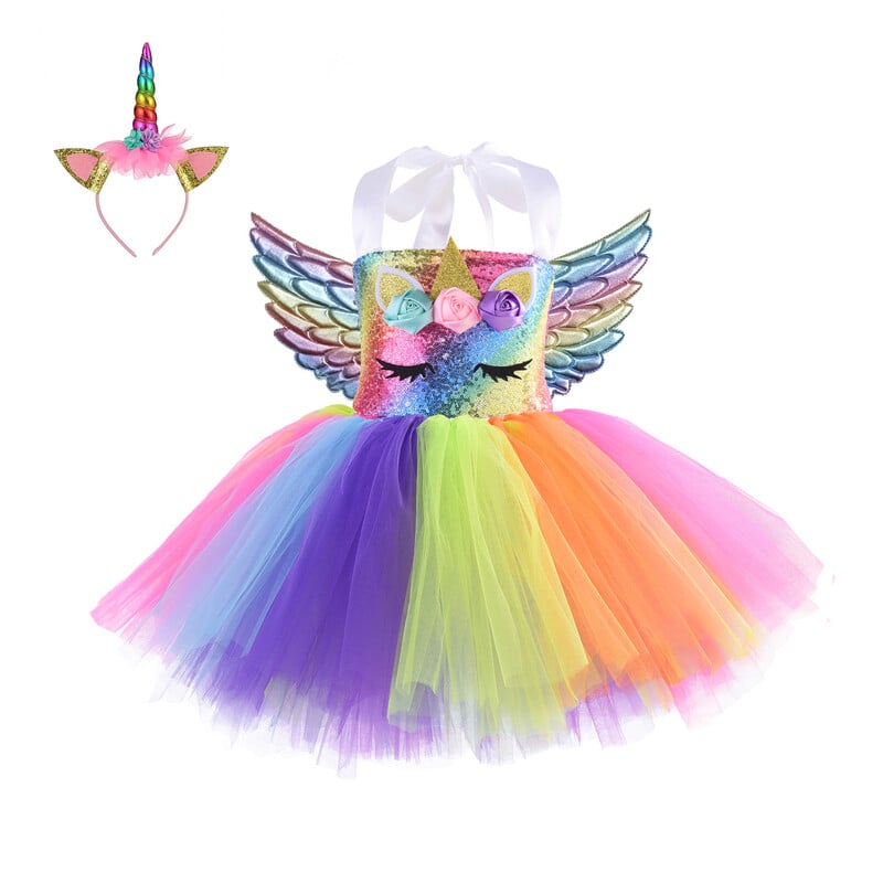 Lányok jelmez Unikornis ruha Születésnapi parti jelmez Hálós gyerekruha Bolyhos fonal Keresztezett szoknya