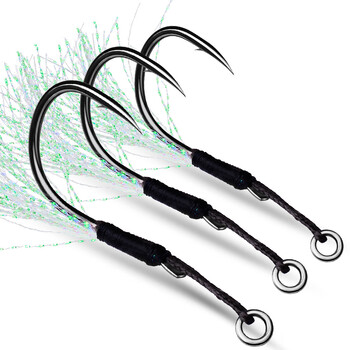 PROBEROS10Pcs Metal Jig Tail Assist Hooks 11-19# With PE Line Feather Solid Ring Jigging Fishhook for 5-80g Lure Fishing Hooks