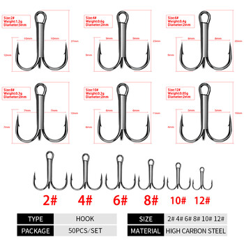 Shawto 50 τμχ/Παρτίδα Τρίκλινο Σετ αγκίστρια ψαρέματος σε κουτί Αγκίστρια με αγκίστρια από χάλυβα υψηλής περιεκτικότητας σε άνθρακα Εργαλείο ψαρέματος Μαύρο FishHook