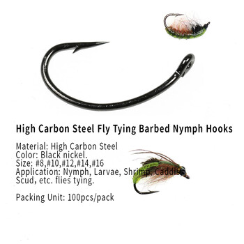 Wifreo 100PCS Fly Tying Hook Nymph Bug Shrimp Scud Pupae Larvae Caddis Flies Fishing Hook #8~#16 Fly Fishing Hook