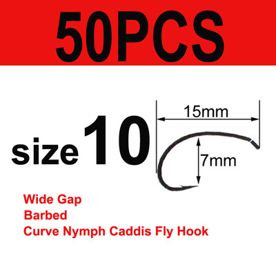 Bimoo 50/100 Cârlige cu tijă curbă pentru legarea muștelor Cârlig pentru fabricarea muștelor Cârlig de pescuit cu muște cu distanță largă Nymph Caddis Midge Creveți Cârlig de pescuit cu muscă #6 #8 #10 #12 #14