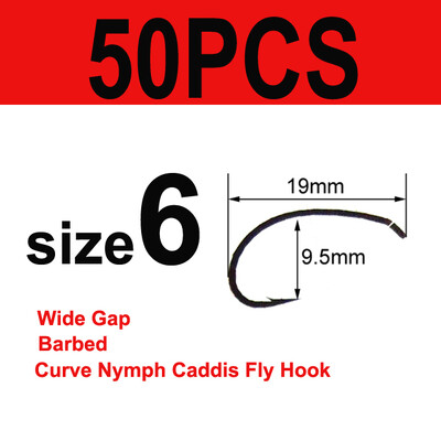 Bimoo 50/100 Cârlige cu tijă curbă pentru legarea muștelor Cârlig pentru fabricarea muștelor Cârlig de pescuit cu muște cu distanță largă Nymph Caddis Midge Creveți Cârlig de pescuit cu muscă #6 #8 #10 #12 #14