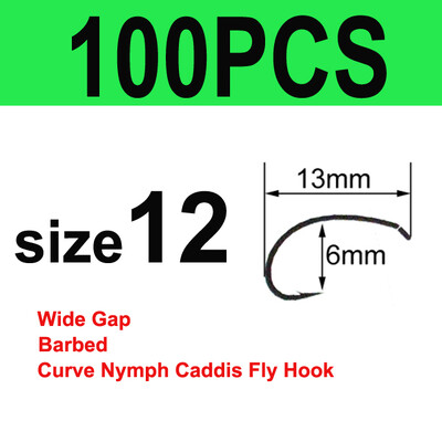Bimoo 50/100 Cârlige cu tijă curbă pentru legarea muștelor Cârlig pentru fabricarea muștelor Cârlig de pescuit cu muște cu distanță largă Nymph Caddis Midge Creveți Cârlig de pescuit cu muscă #6 #8 #10 #12 #14