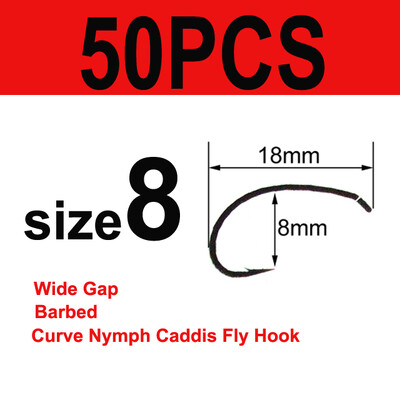 Bimoo 50/100 Cârlige cu tijă curbă pentru legarea muștelor Cârlig pentru fabricarea muștelor Cârlig de pescuit cu muște cu distanță largă Nymph Caddis Midge Creveți Cârlig de pescuit cu muscă #6 #8 #10 #12 #14