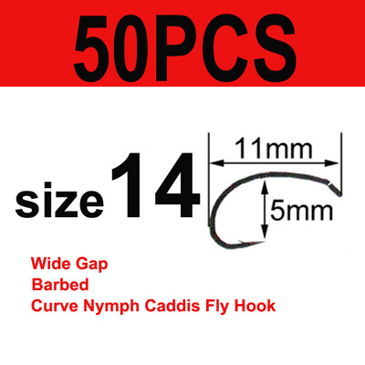 Bimoo 50/100 Cârlige cu tijă curbă pentru legarea muștelor Cârlig pentru fabricarea muștelor Cârlig de pescuit cu muște cu distanță largă Nymph Caddis Midge Creveți Cârlig de pescuit cu muscă #6 #8 #10 #12 #14