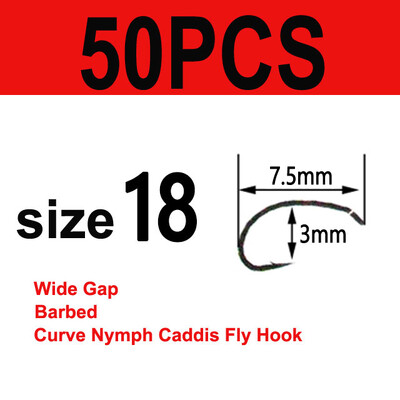 Bimoo 50/100 Cârlige cu tijă curbă pentru legarea muștelor Cârlig pentru fabricarea muștelor Cârlig de pescuit cu muște cu distanță largă Nymph Caddis Midge Creveți Cârlig de pescuit cu muscă #6 #8 #10 #12 #14