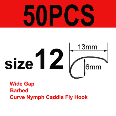 Bimoo 50/100 Cârlige cu tijă curbă pentru legarea muștelor Cârlig pentru fabricarea muștelor Cârlig de pescuit cu muște cu distanță largă Nymph Caddis Midge Creveți Cârlig de pescuit cu muscă #6 #8 #10 #12 #14