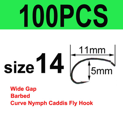 Bimoo 50/100 Cârlige cu tijă curbă pentru legarea muștelor Cârlig pentru fabricarea muștelor Cârlig de pescuit cu muște cu distanță largă Nymph Caddis Midge Creveți Cârlig de pescuit cu muscă #6 #8 #10 #12 #14