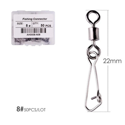 50 ks/krabica Nerezový rybársky otočný háčik s ložiskom #2/0 - #14 s karabínou a konektorom na rybárske náčinie