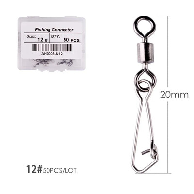 50 ks/krabica Nerezový rybársky otočný háčik s ložiskom #2/0 - #14 s karabínou a konektorom na rybárske náčinie