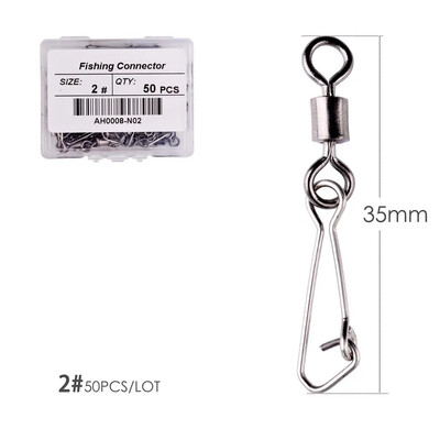 50 ks/krabica Nerezový rybársky otočný háčik s ložiskom #2/0 - #14 s karabínou a konektorom na rybárske náčinie